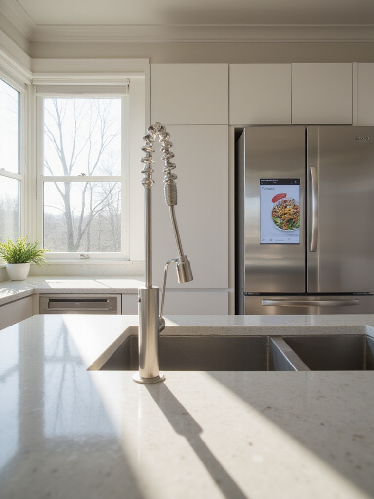 A modern kitchen featuring integrated smart technology, including a smart refrigerator, touchless faucet, and smart lighting, designed for efficiency and convenience.