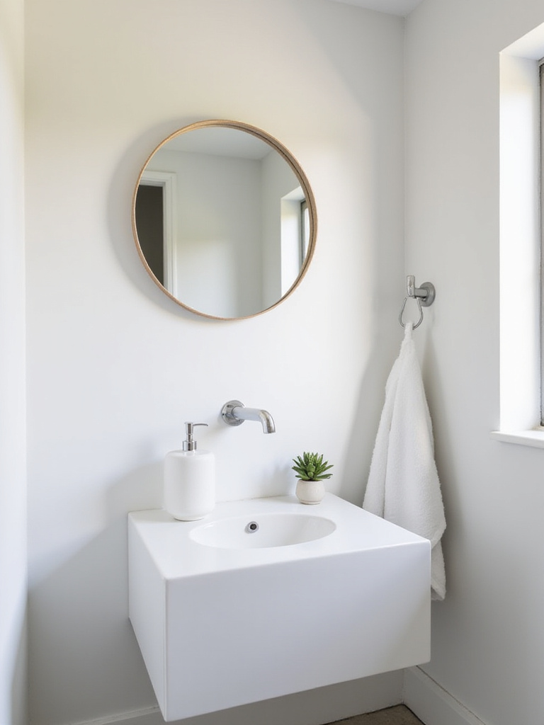 Small minimalist bathroom with floating vanity and simple accessories.
