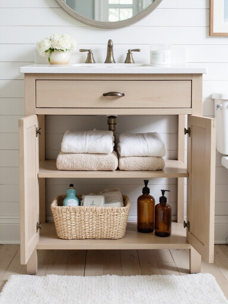 Farmhouse vanity with open lower shelves styled with rolled towels, a woven basket, and vintage apothecary jars.