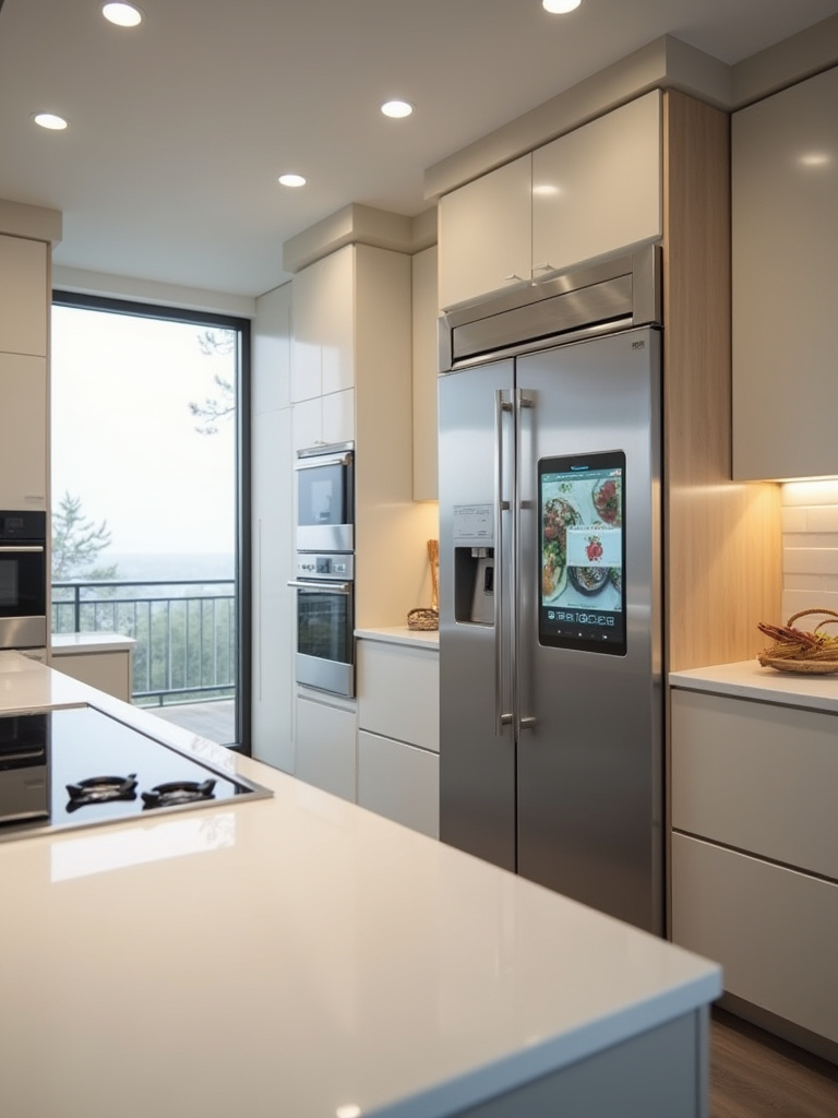 Modern kitchen with smart refrigerator, cooktop, and integrated technology.