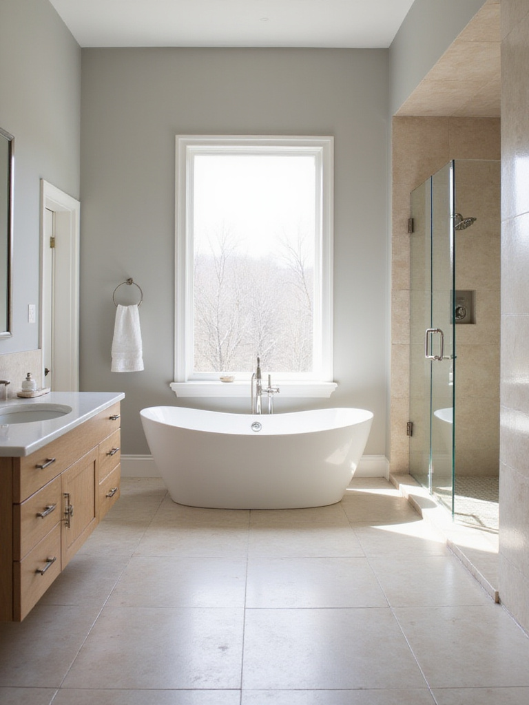 A serene transitional bathroom featuring a calming neutral palette of soft grey walls, beige tile, and a white freestanding tub. A wooden vanity with a white countertop adds warmth. Brushed nickel fixtures provide a touch of shine.