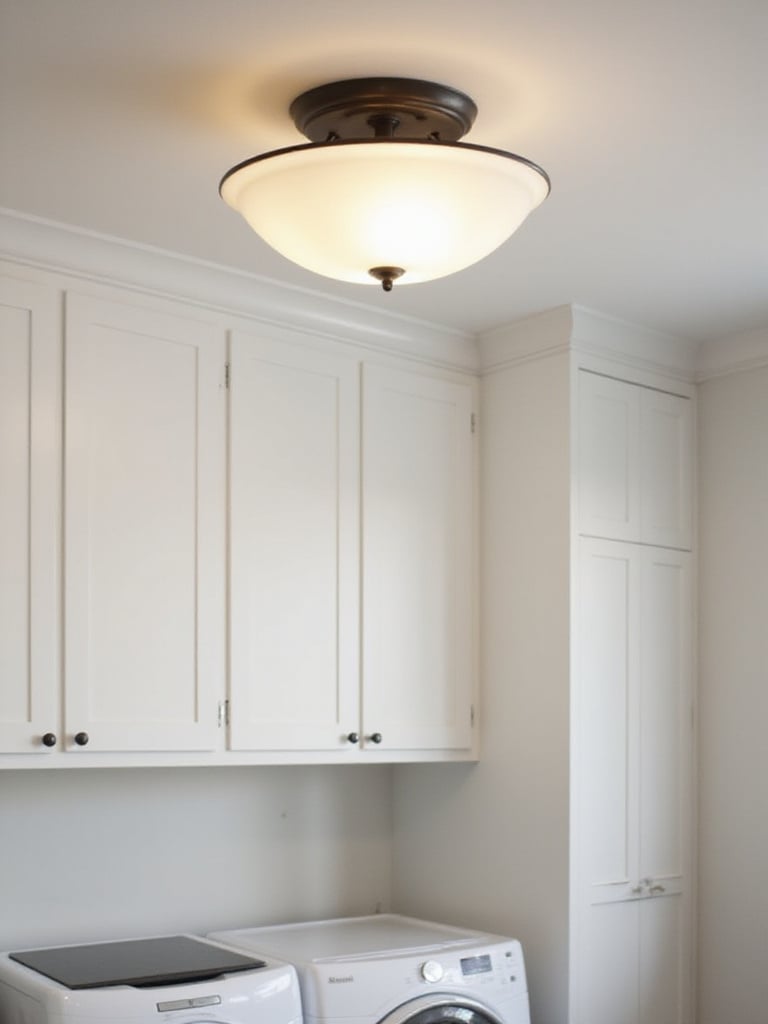 A stylish new light fixture, possibly a modern farmhouse design, enhancing the ambiance and providing bright LED light in a laundry room.