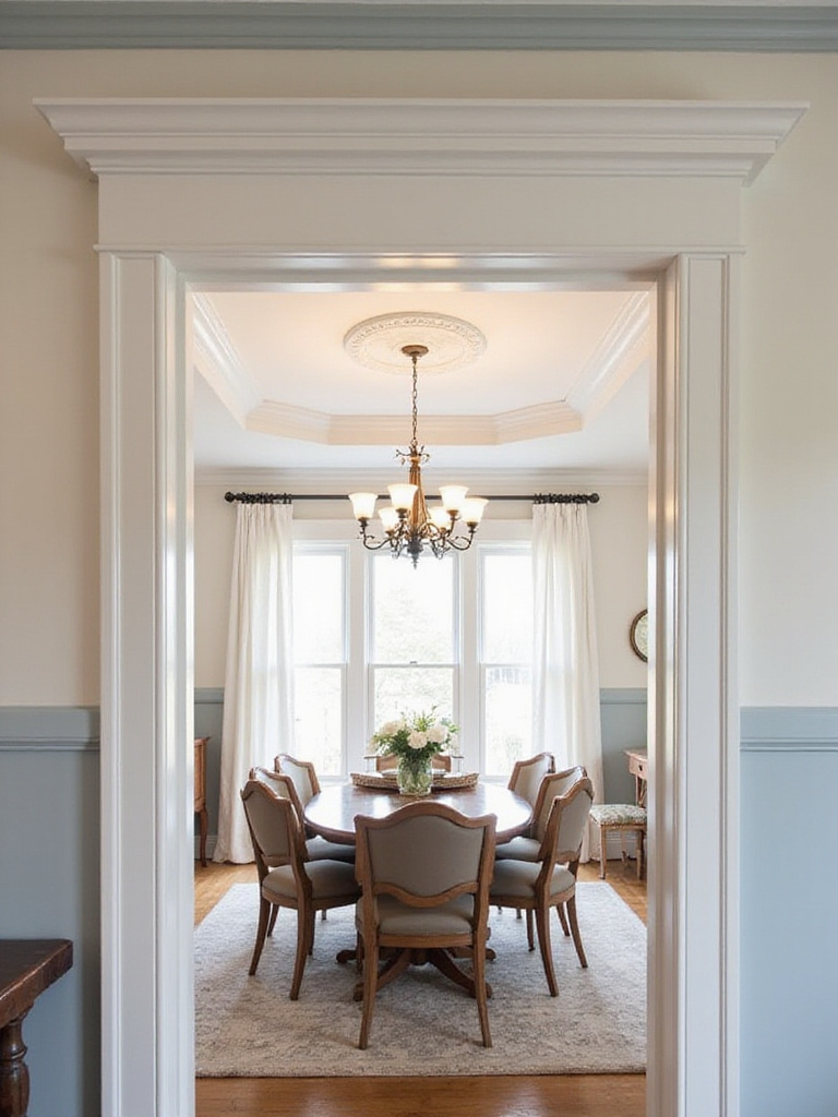 Elegant dining room with a contrasting painted ceiling and classic white crown molding.