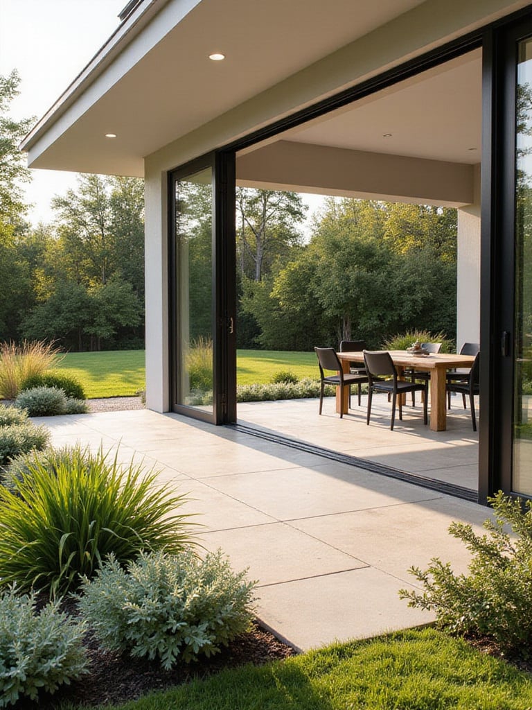 Modern home with large open bifold doors leading to a seamless patio tiled floor extending into a lush garden, showing indoor-outdoor living.