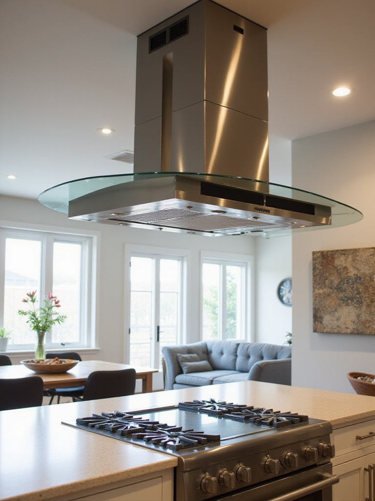 Modern kitchen with a stylish range hood and cooktop, emphasizing kitchen ventilation.