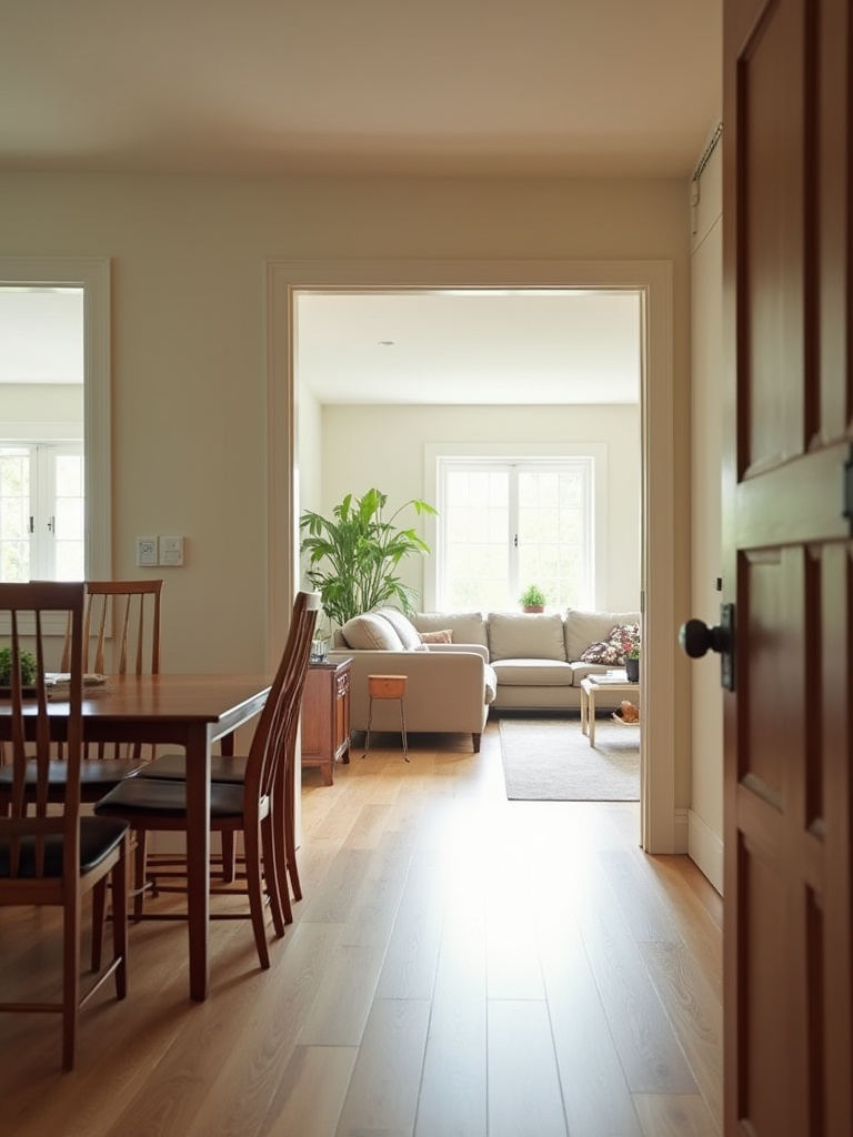 Dining room with a rectangular wooden table and chairs, showing a clear, open pathway leading directly into an adjacent kitchen area, illustrating easy access and room flow.