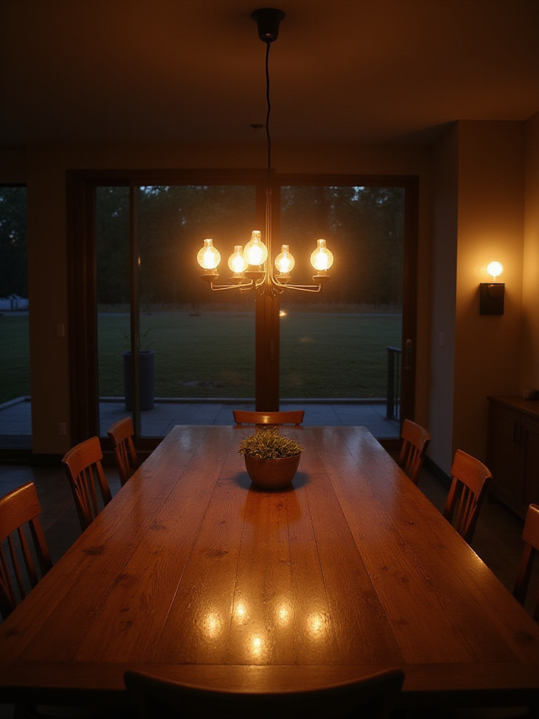 A warm, inviting dining room with a large wooden table illuminated by a stylish pendant light fixture hanging centered above it, casting a soft glow on the table surface.
