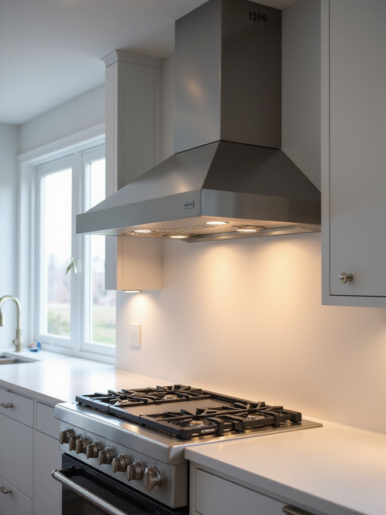 Sleek stainless steel chimney range hood over a modern gas stove in a contemporary kitchen, illustrating effective ventilation.