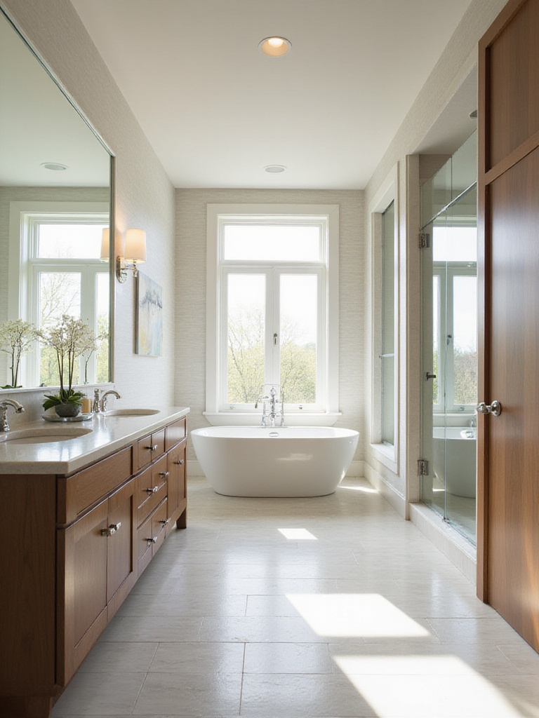 Spacious transitional bathroom showcasing a functional layout with clear pathways between freestanding tub, double vanity, and walk-in shower, featuring ample clearance and integrated storage.
