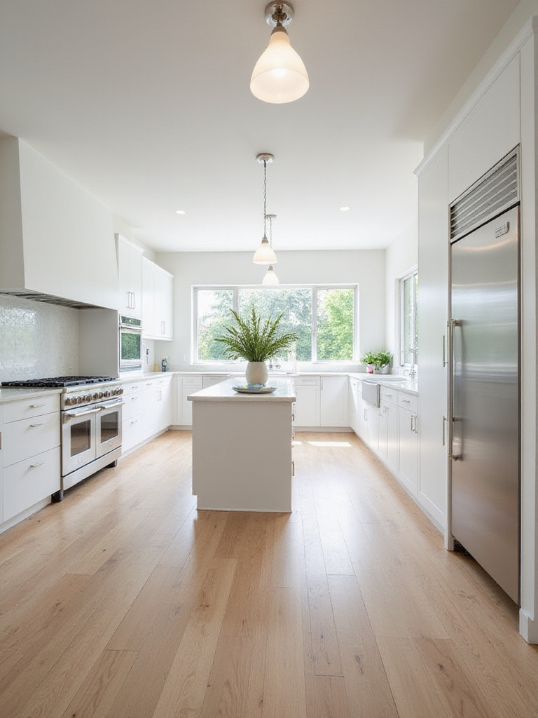Modern kitchen interior design showcasing smooth traffic flow and efficient layout.