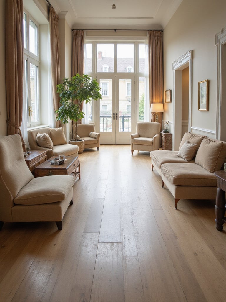 A spacious and elegant living room showcasing excellent traffic flow with clearly defined pathways around comfortable furniture arrangements.