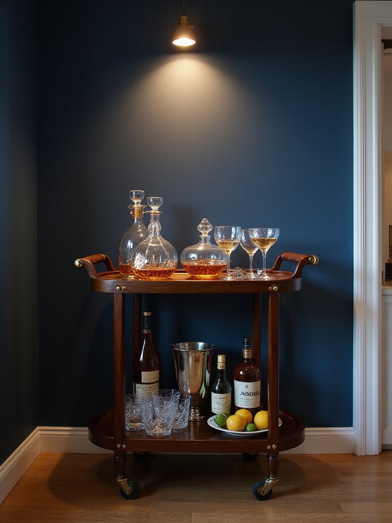 Elegant bar cart with glassware and spirits in a dining room