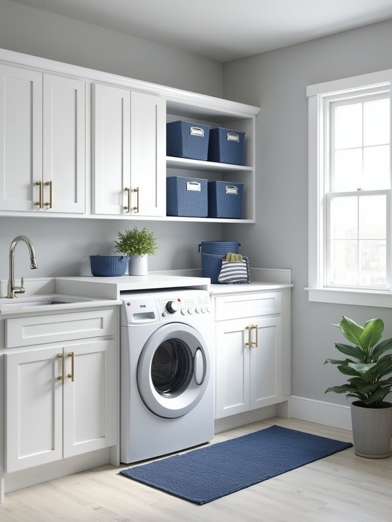 A laundry room with a cohesive color palette of soft gray, white, and navy blue accents, creating a harmonious and organized look.