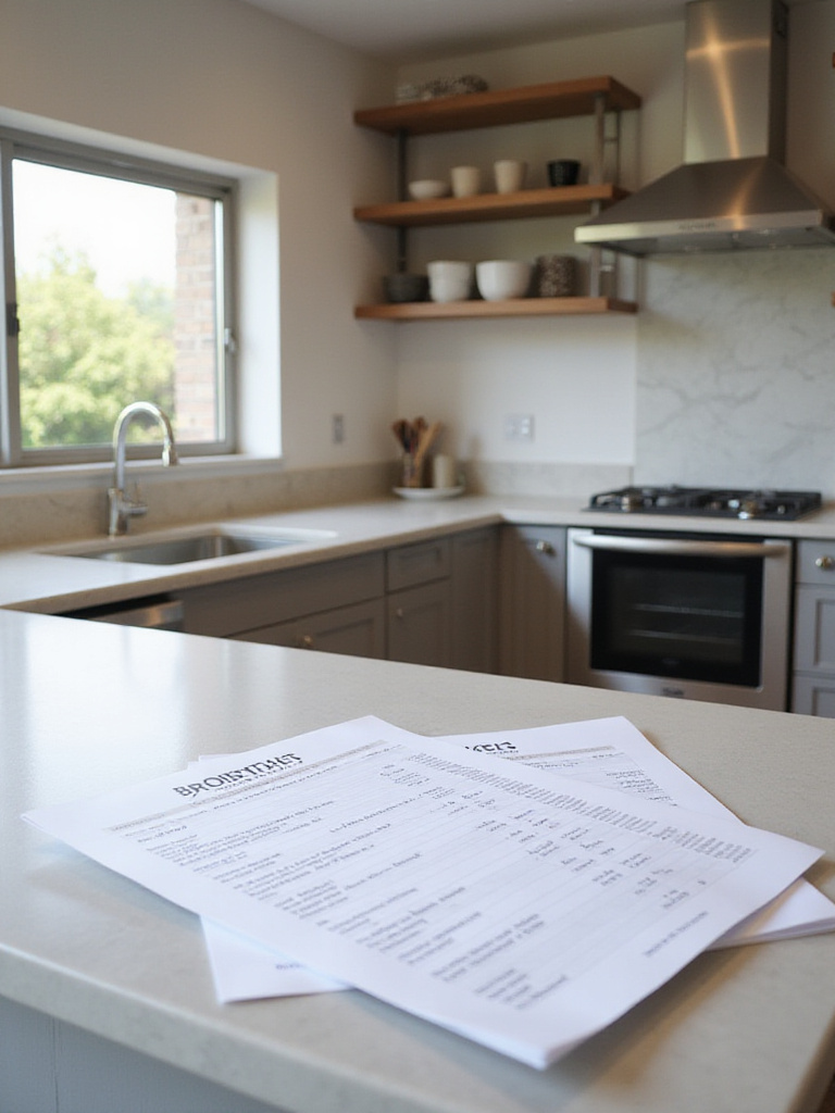 Interior kitchen design with budget breakdown on countertop