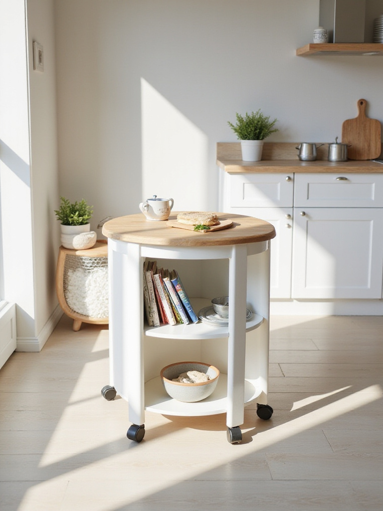 A portable kitchen island with a wood top and storage shelves in a bright, modern apartment kitchen, demonstrating how it adds extra counter space and storage in a small area.