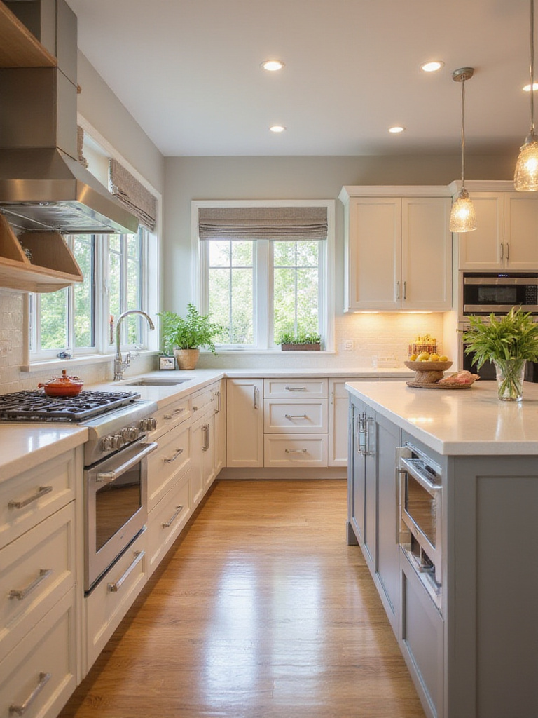 Modern kitchen designed for accessibility with pull-out shelves and varied countertop heights.
