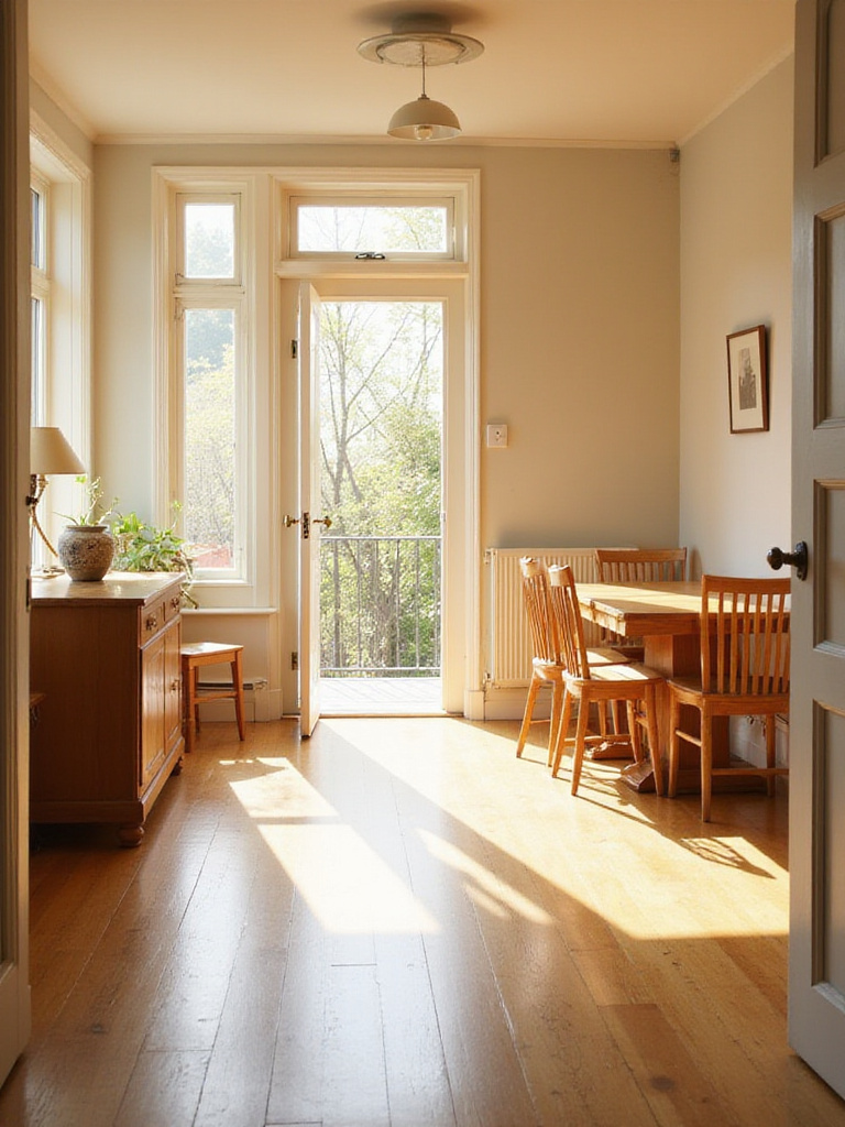 Dining room layout showing a dining table and chairs placed near a large window, with clear pathways visible around the furniture from a doorway, illustrating how to factor in window and door placements.