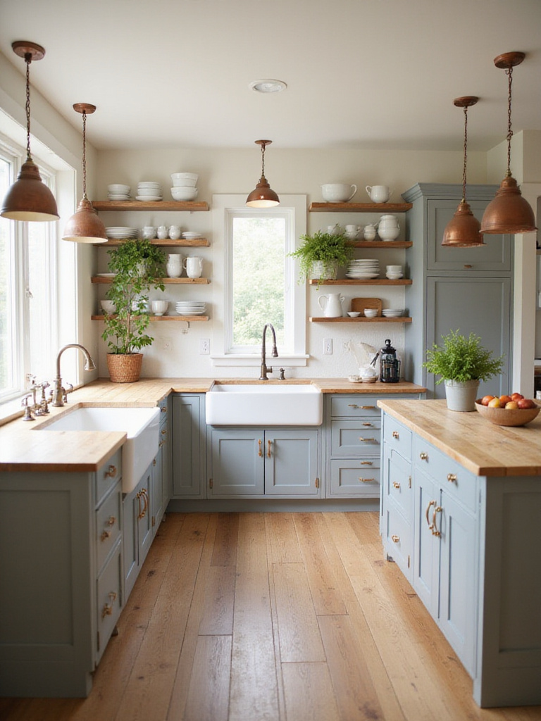 A warm farmhouse kitchen featuring gray cabinets, wood countertops, an apron-front sink, and open wooden shelving with dishware.