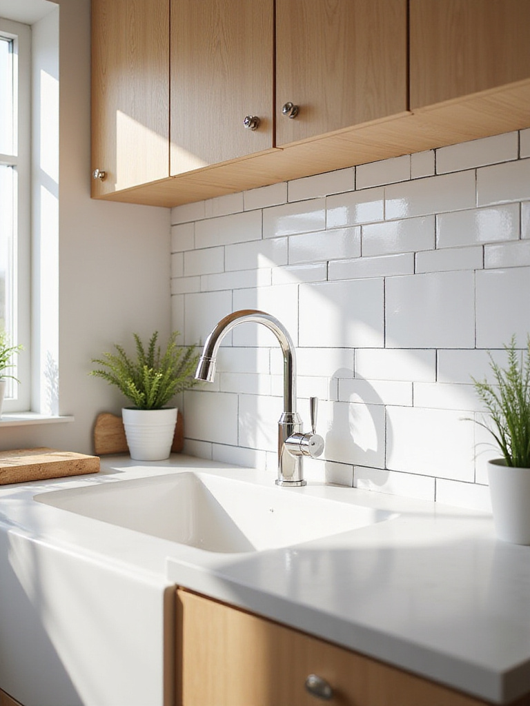 Apartment kitchen featuring a white subway tile peel-and-stick backsplash installed above the counter and sink area, showcasing a clean, modern, and budget-friendly decor upgrade.