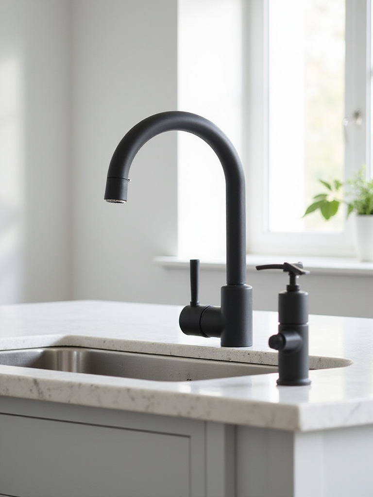 Modern kitchen sink with a stylish matte black pull-down faucet and light quartz countertop.