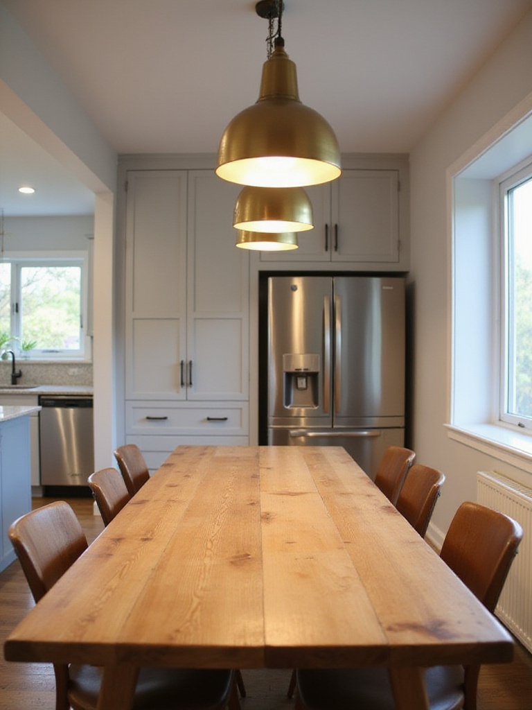 Modern kitchen dining area with three brushed brass pendant lights illuminating a wooden table.
