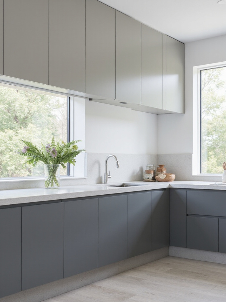 Modern kitchen showcasing a contrast between matte charcoal gray lower cabinets and glossy dove gray upper cabinets under bright natural light.
