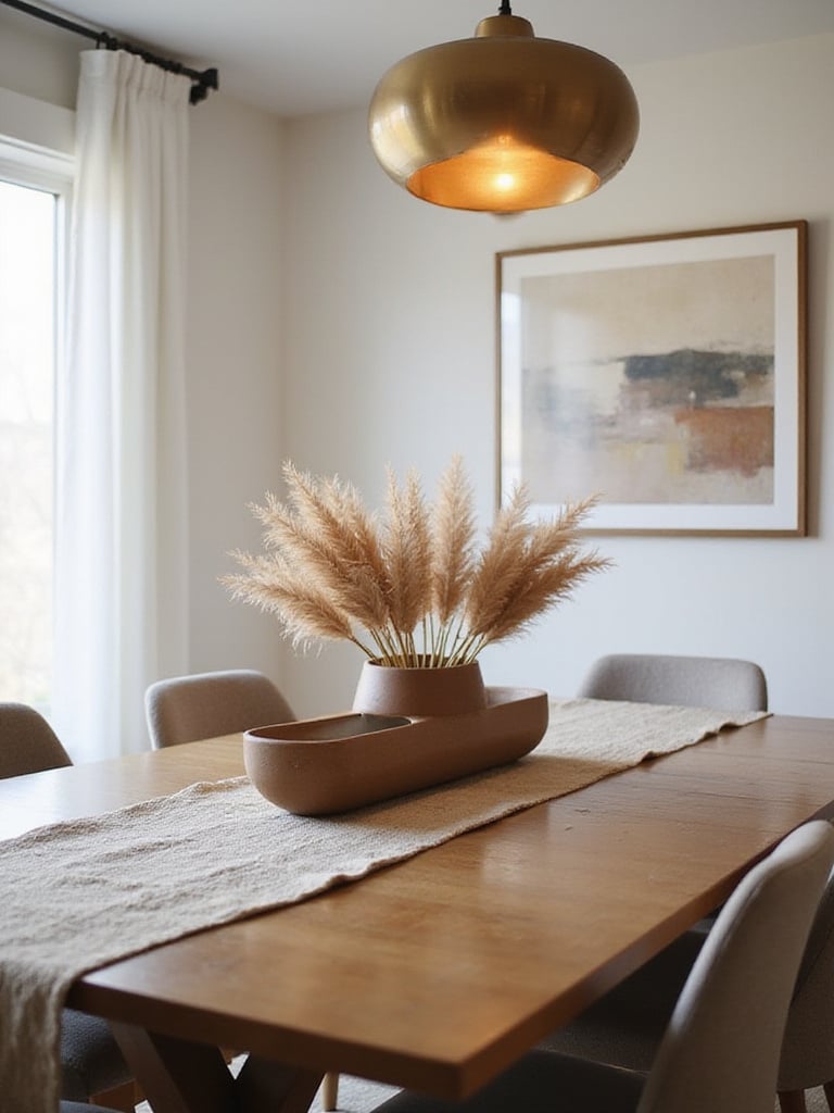 Modern dining room with wooden table, upholstered chairs, pampas grass centerpiece, abstract art, and pendant lighting.