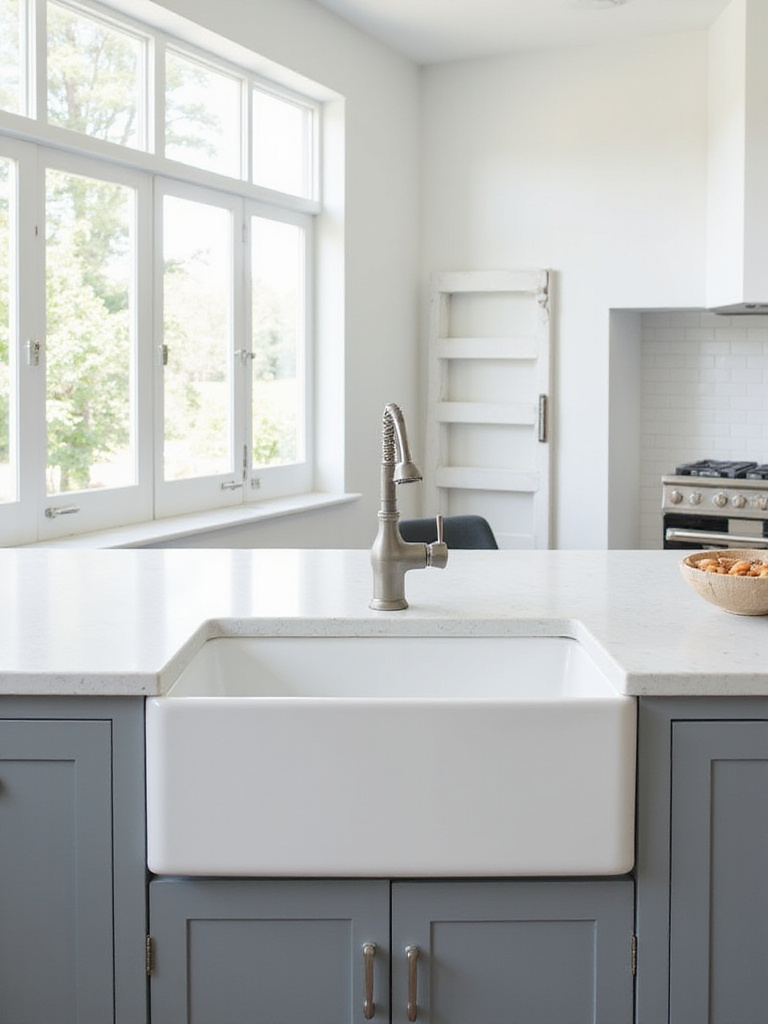 White fireclay apron-front sink in a modern farmhouse kitchen island with a sleek faucet.
