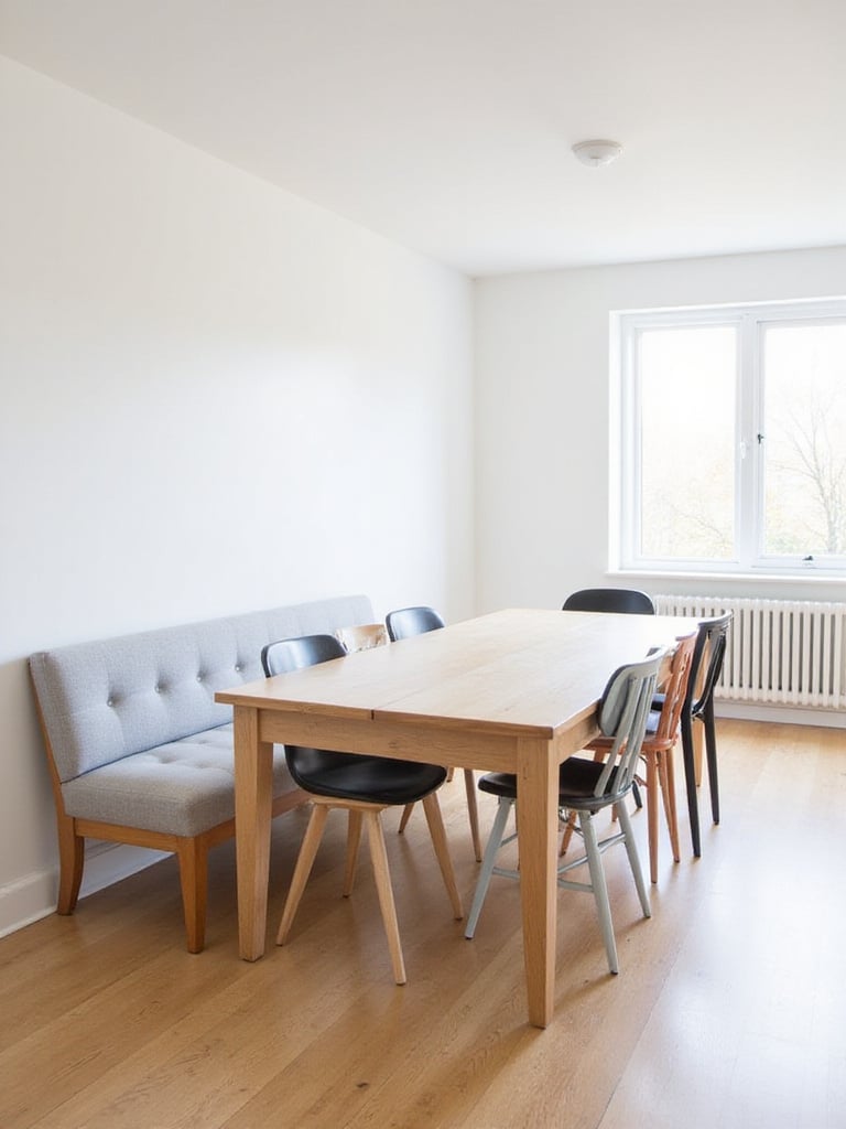 Dining room with a light wood table, upholstered bench, and mismatched chairs.