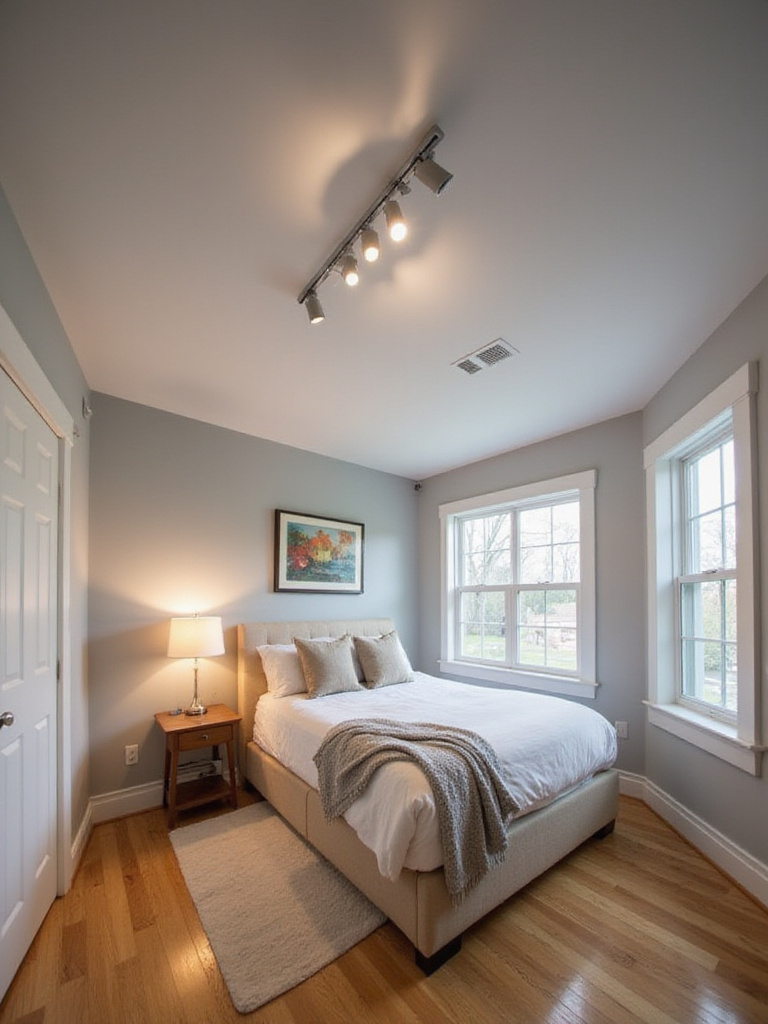 Modern bedroom with track lighting highlighting artwork and providing targeted illumination.