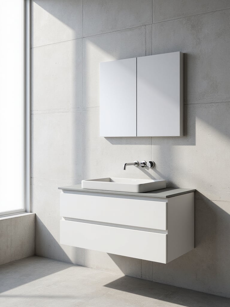 Sleek matte white floating vanity in a modern minimalist bathroom, featuring clean lines and handleless drawers for a clutter-free look.