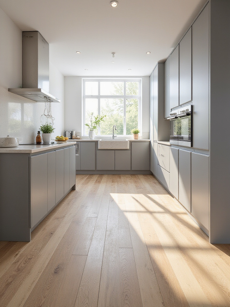 Light warm-toned wide plank hardwood flooring in a modern kitchen with medium-gray flat-panel cabinets and a central island.