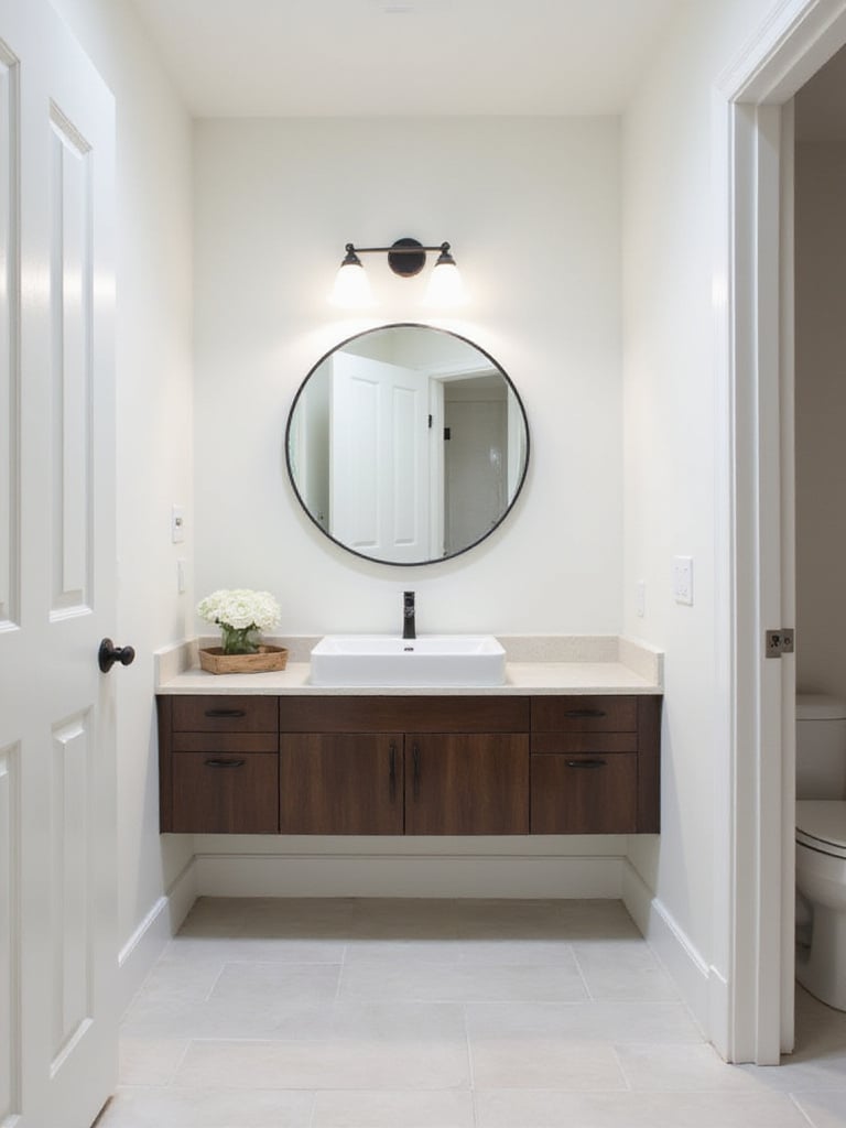 A modern bathroom highlighting a newly installed floating dark wood vanity with a round mirror as the main focal point, demonstrating a budget renovation strategy.