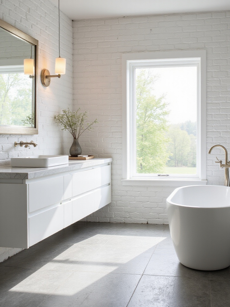 Transitional bathroom showcasing quality finishes including large grey porcelain floor tile, white quartz countertop, white subway tile wall, and brushed nickel hardware.