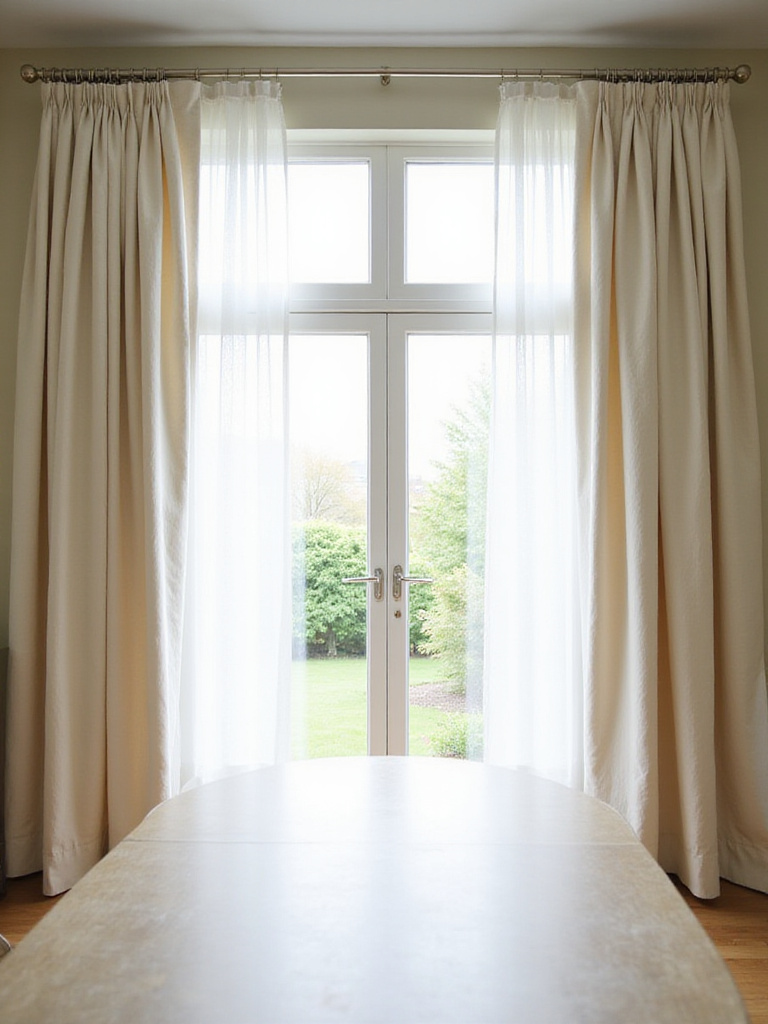 Elegant dining room with linen drapes and sheer curtains framing a garden view.