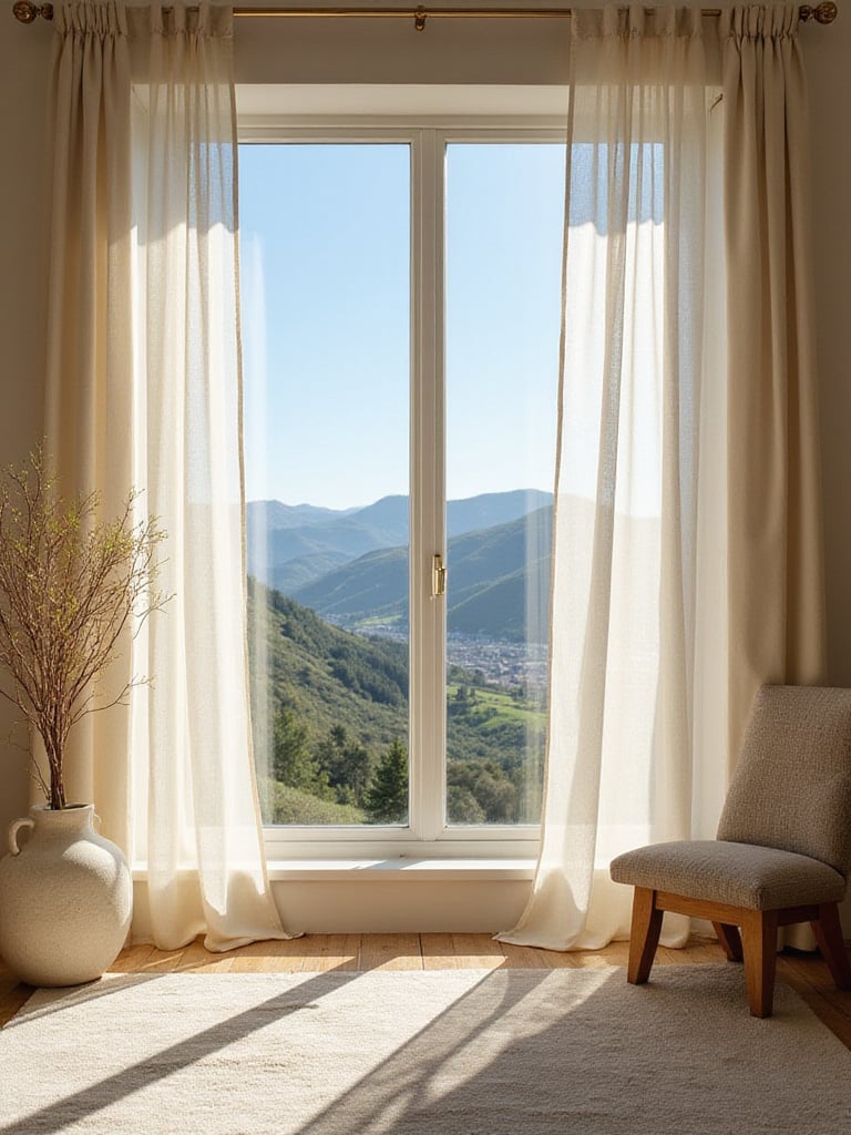 Stylish sheer drapery framing a scenic view of hills and city from a modern living room window.