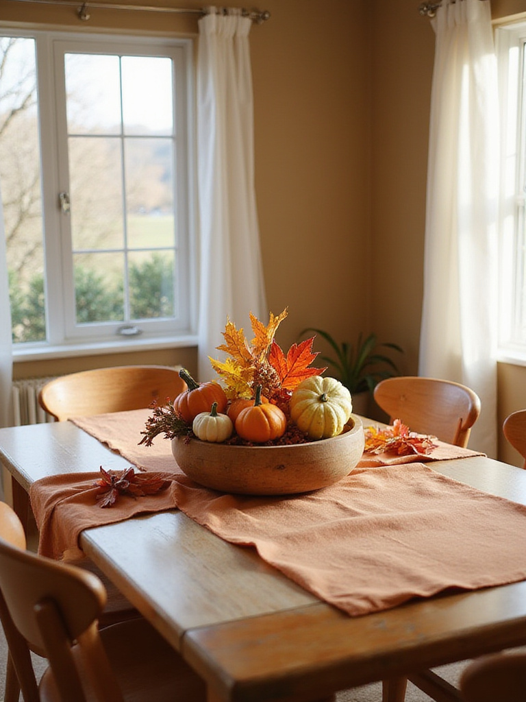 Dining room decorated for autumn with pumpkins, gourds, and fall foliage.