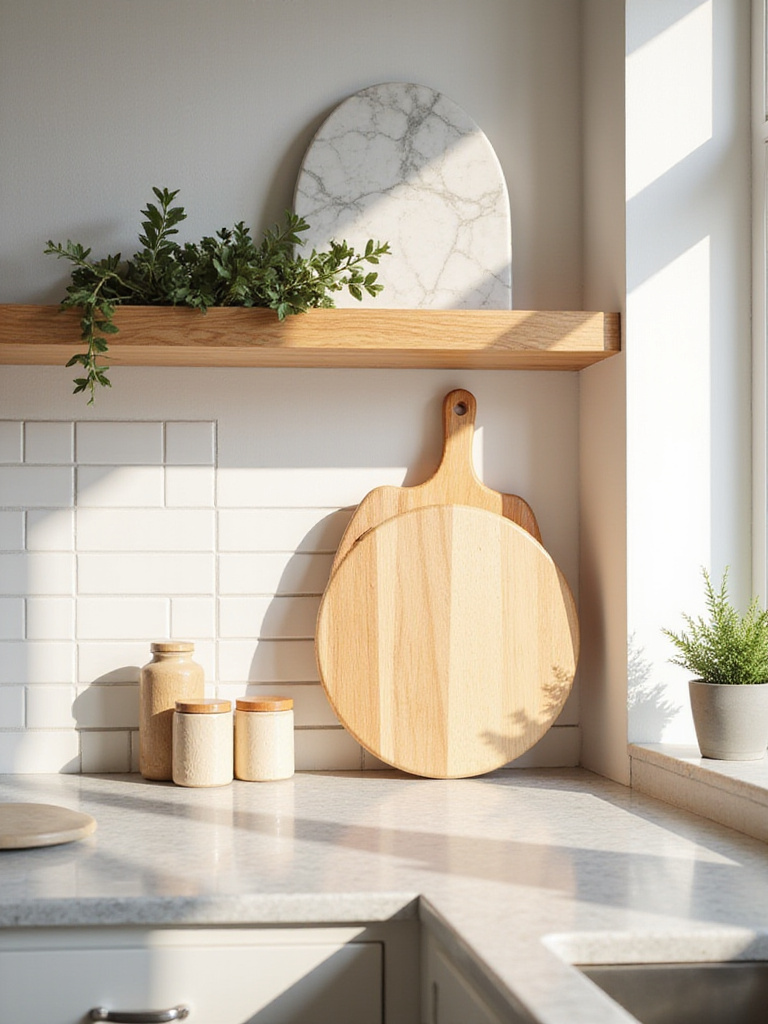 Decorative cutting boards displayed as functional art in a modern apartment kitchen, leaning against a backsplash and propped on a shelf.