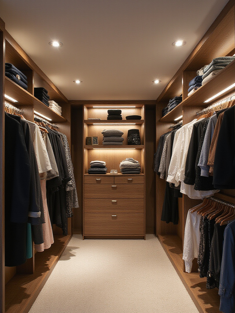 Well-lit walk-in closet with LED strip lights, recessed lighting, and motion-sensor puck lights.