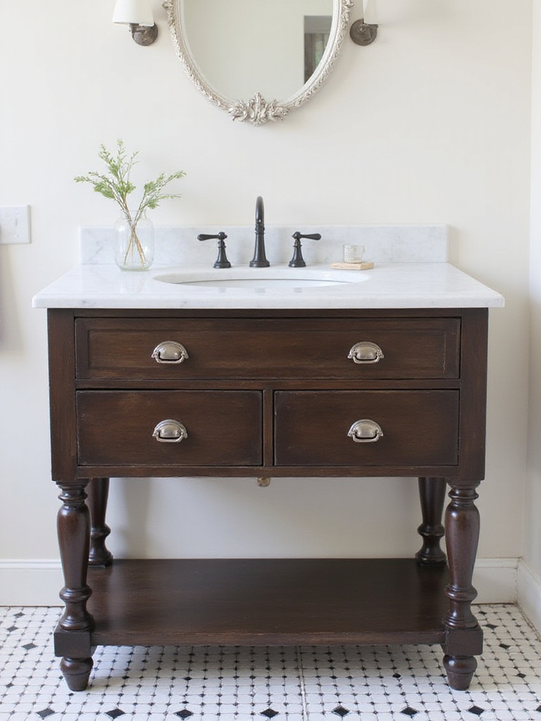 Dark wood farmhouse vanity with turned legs, white marble top, glass knobs, and visible space underneath, giving it a furniture-style look.