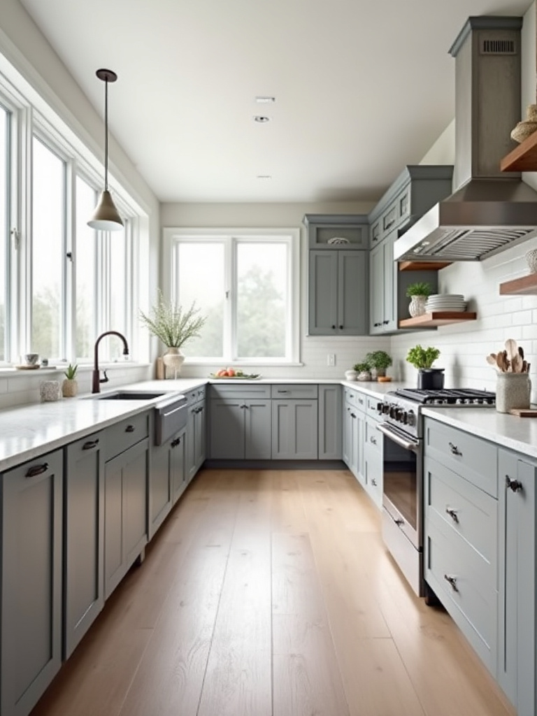 Spacious, timeless kitchen with shaker-style gray cabinets, stone countertops, and stainless steel appliances, illustrating the future-proofing benefits of gray kitchen design.