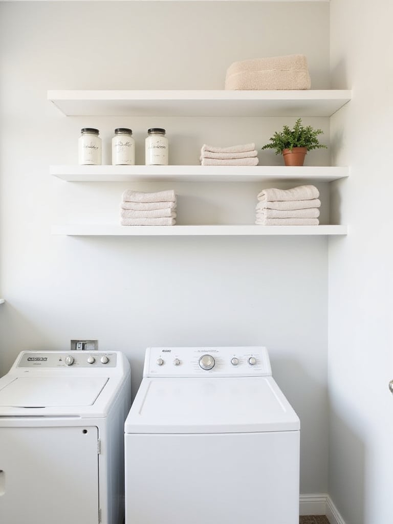 White floating shelves in a laundry room used for both storage of essentials in attractive containers and display of decorative items like plants.