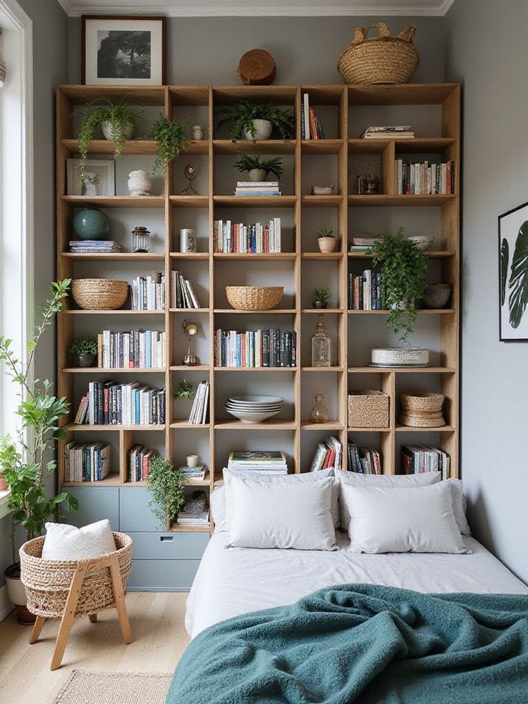 Small bedroom with floor-to-ceiling bookshelf and floating shelves for vertical storage