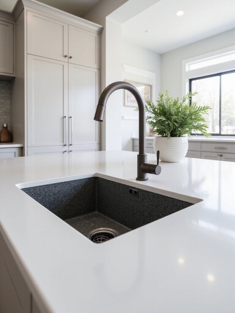 View of a modern kitchen island with a dark gray granite composite undermount sink in a light quartz countertop, highlighting its durable and stylish integration.