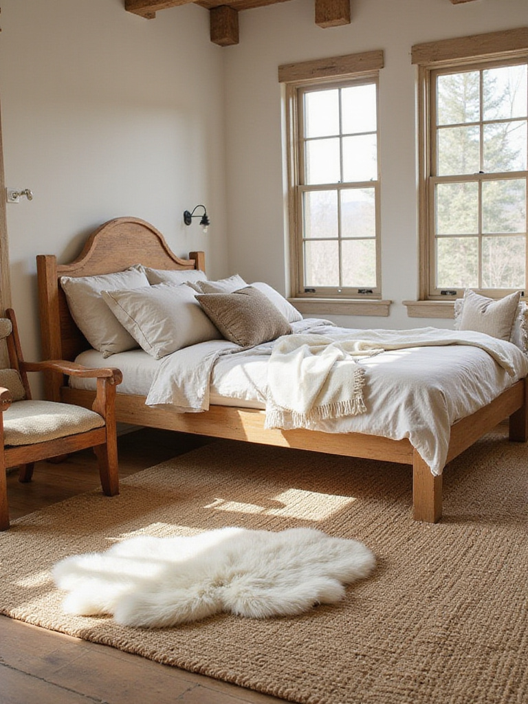Rustic bedroom with large jute rug under bed and sheepskin accent rug, adding texture and warmth.