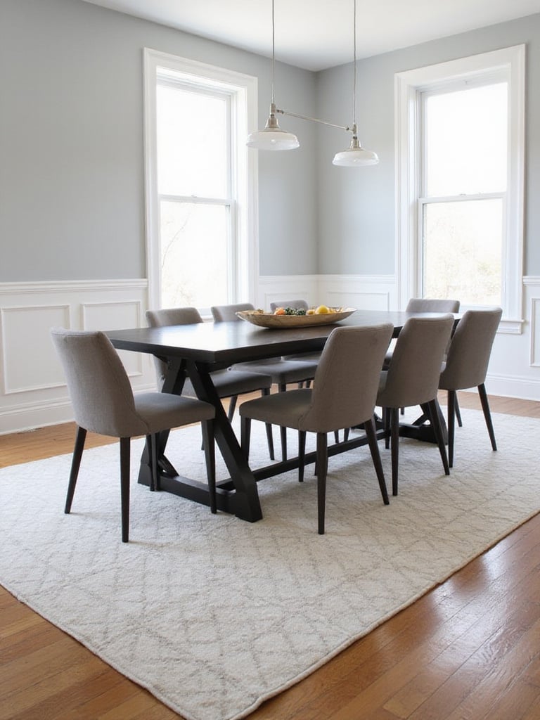 Dining room with dark wood table, upholstered chairs, and a large neutral area rug.