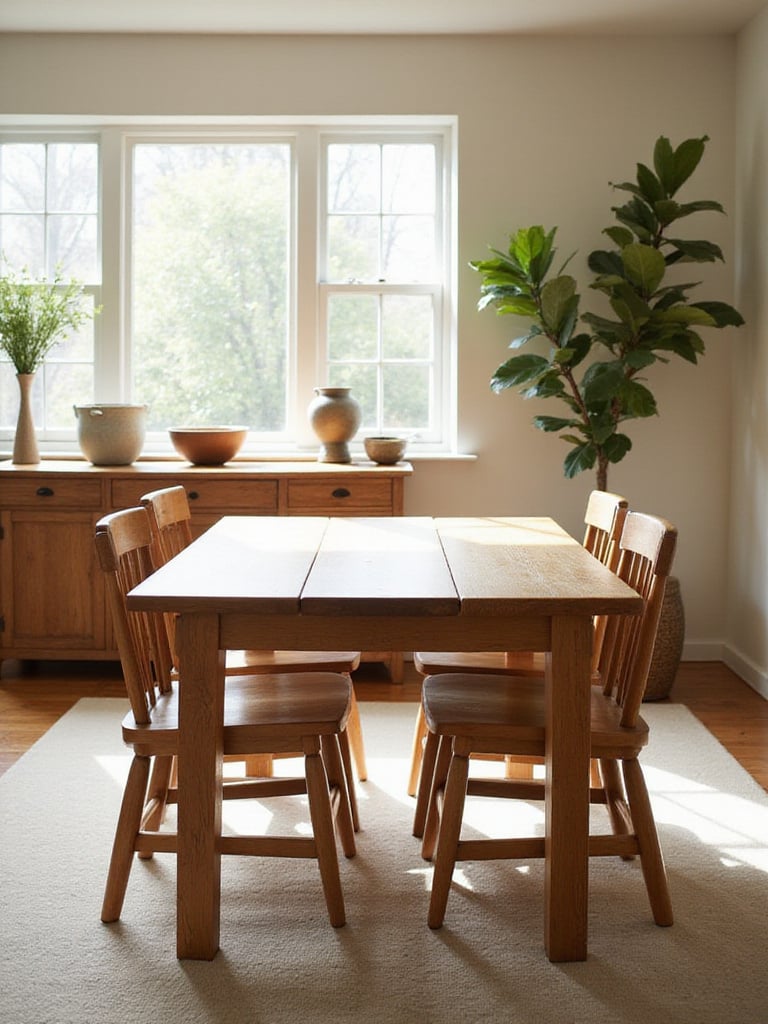 Extendable dining table in compact form in a bright, modern dining room