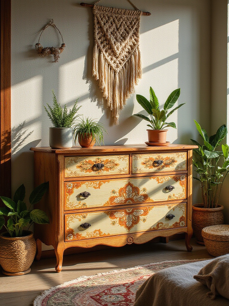A hand-painted vintage dresser with intricate floral patterns in a cozy boho bedroom setting. Features macrame decor, plants, and layered textiles.