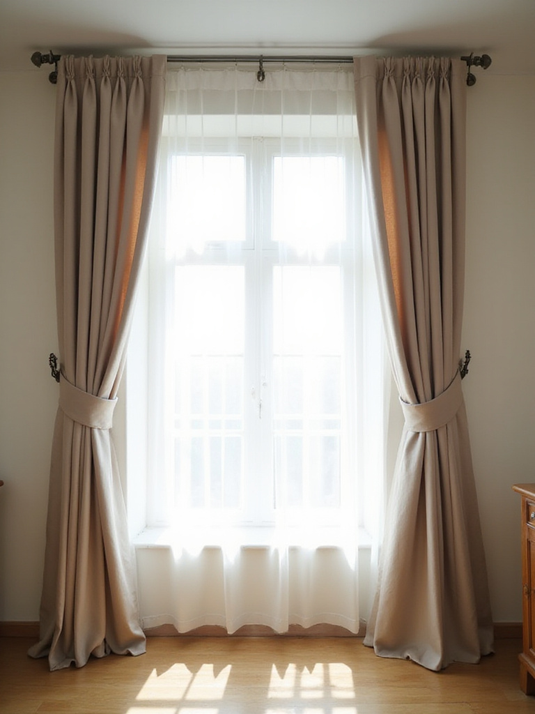 Apartment bedroom window with floor-to-ceiling curtains hung high and wide, making the window appear larger and the ceiling higher.