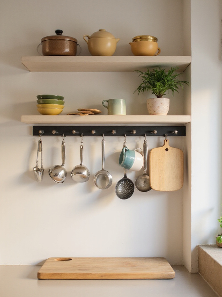 Decorative matte black hooks installed under open shelving in a modern apartment kitchen, holding stainless steel utensils and ceramic mugs, illustrating clever vertical storage.